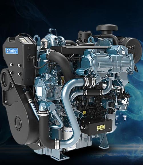Motor Perkins de color azul con componentes negros, diseñado para maquinaria industrial y agrícola, con un fondo oscuro tecnológico.