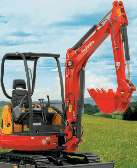 Miniexcavadora Kubota roja con orugas de goma, ideal para excavaciones en espacios reducidos.